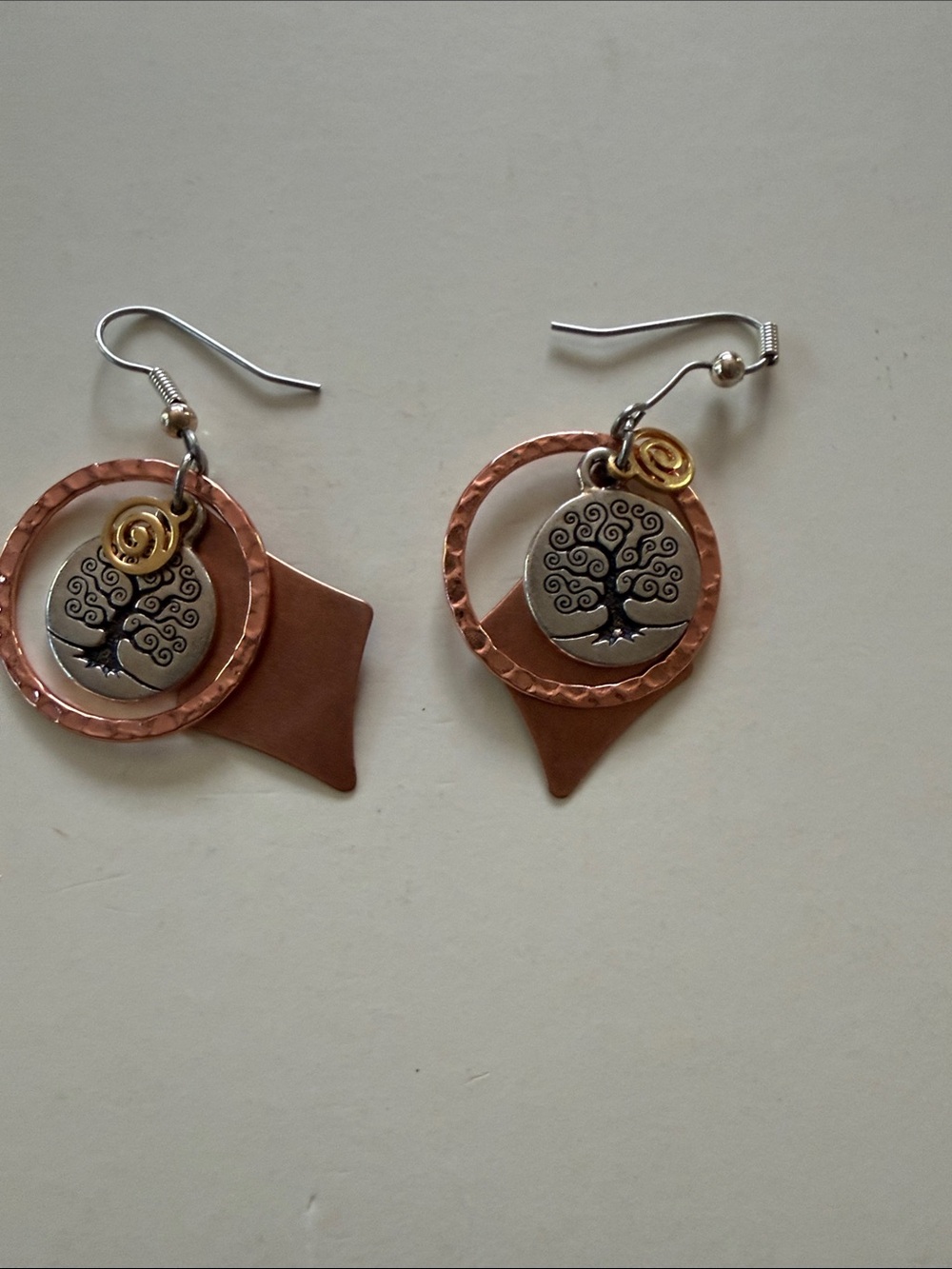 Handcrafted Copper & Silver Tree of Life Dangle Earrings - Copper